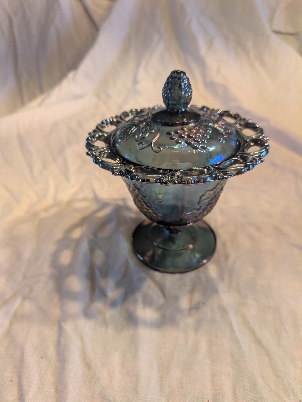 RESERVE Indiana Glass Iridescent Blue Lidded Compote